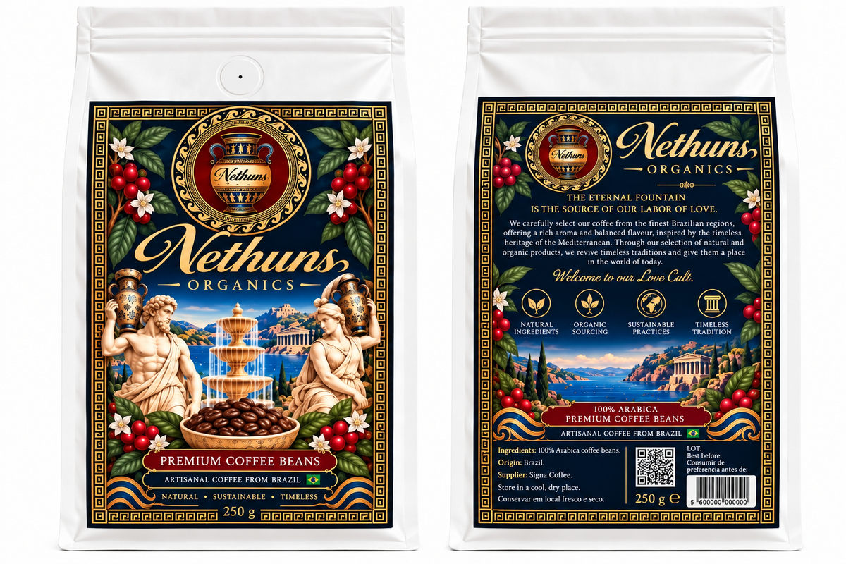 Nethuns Organics Premium Brazilian Coffee Beans 250g bag on dark background