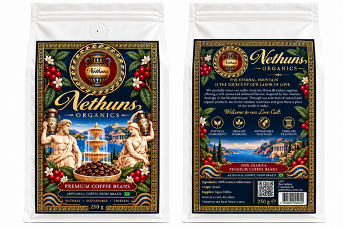Nethuns Organics Premium Brazilian Coffee Beans 250g bag on dark background